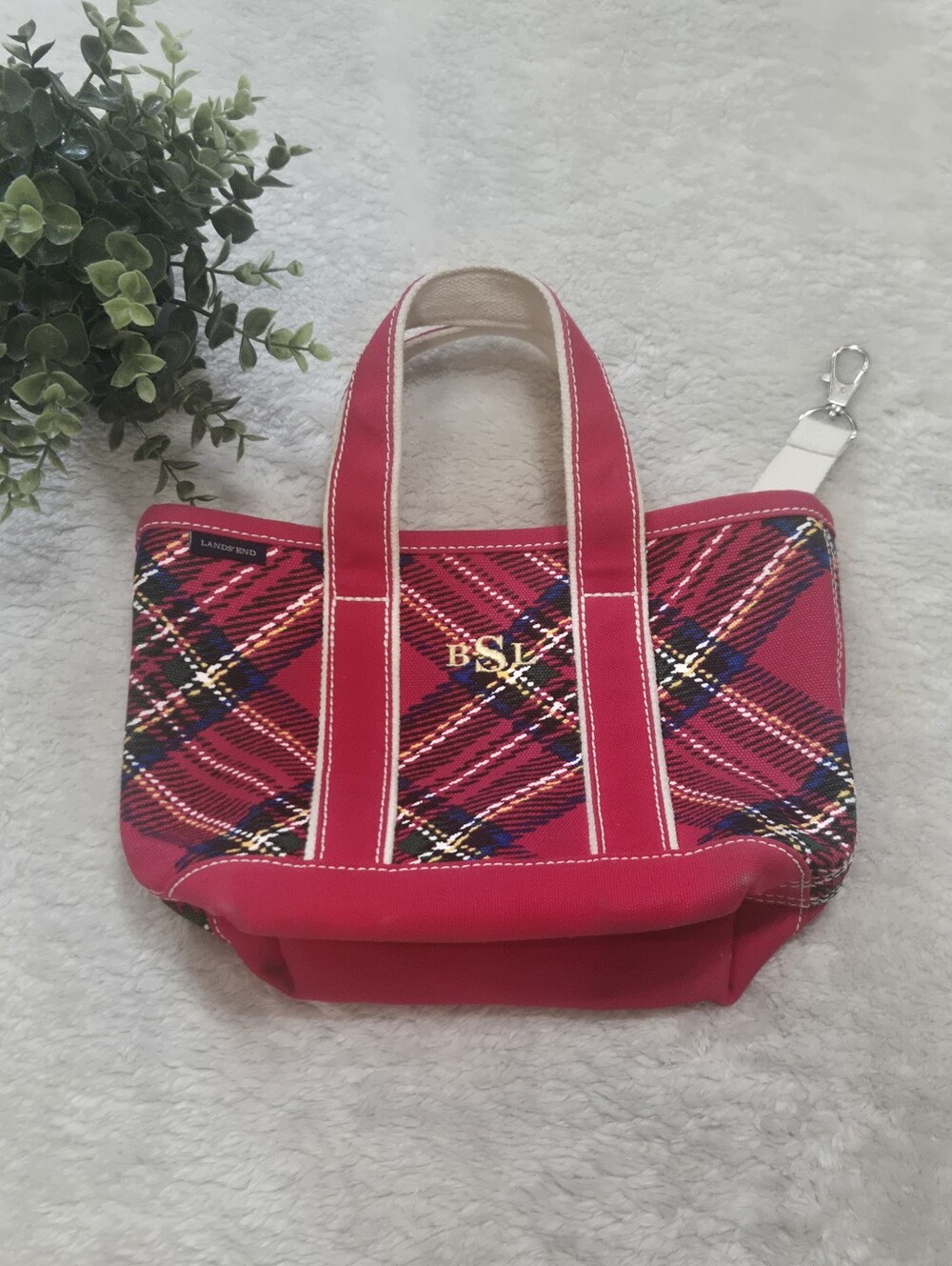 Lands' End Red Tartan Plaid Preppy Holiday Canvas Boat Tote Bag with Monogram